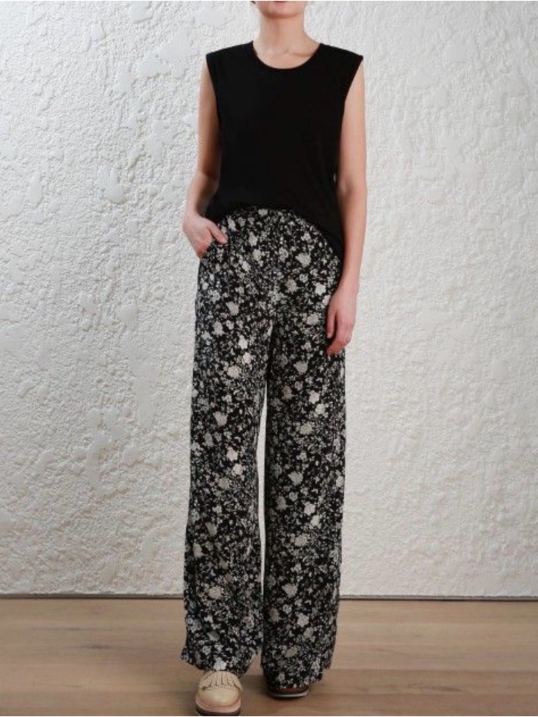 Zimmermann Black Floral High Waisted Wide-Leg Pants